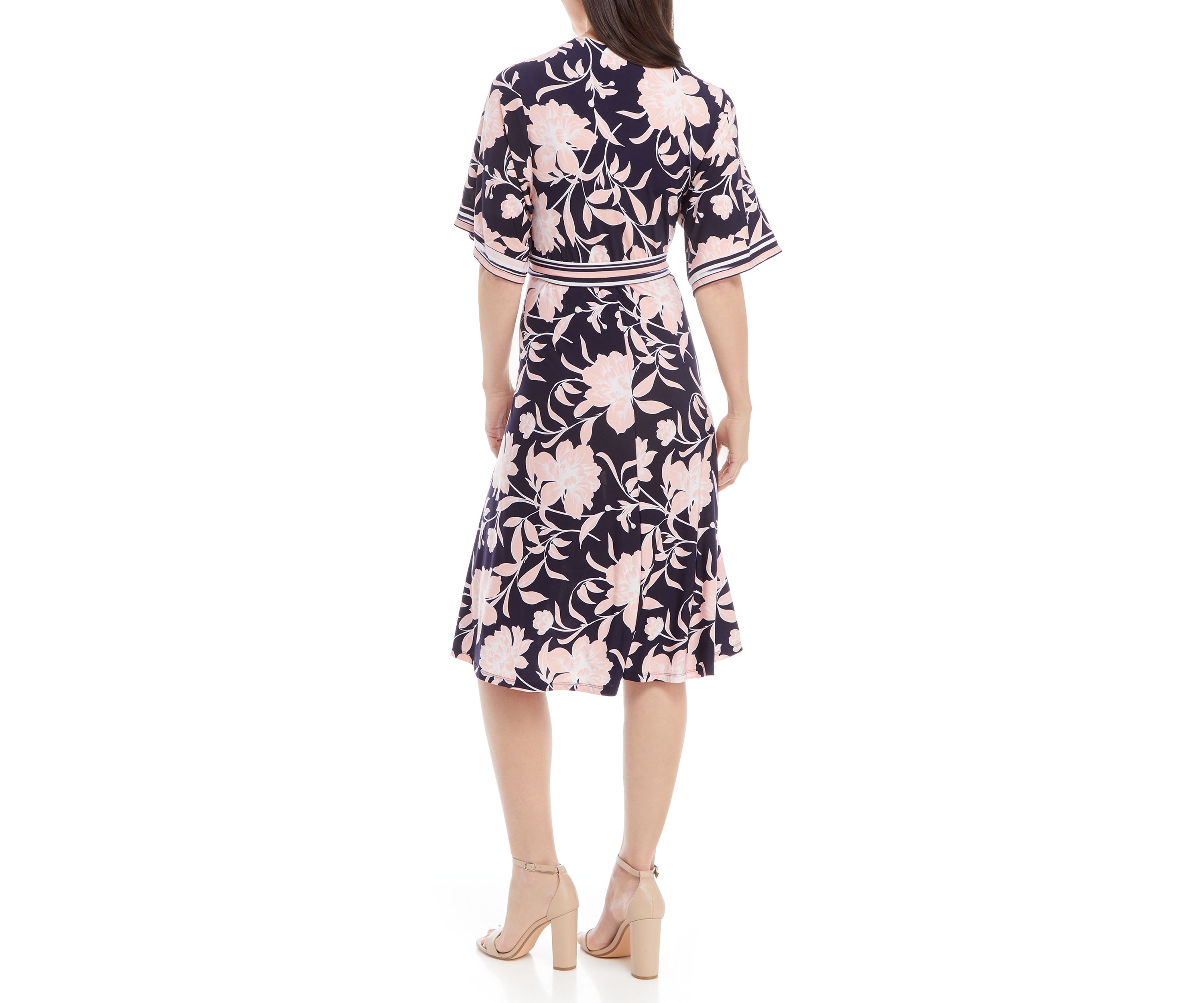 Womens Stripe Trim Floral Wrap Dress