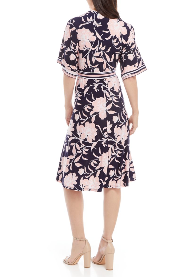 Womens Stripe Trim Floral Wrap Dress