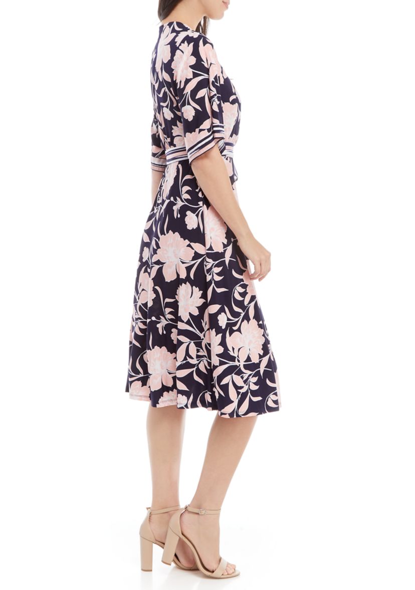 Womens Stripe Trim Floral Wrap Dress