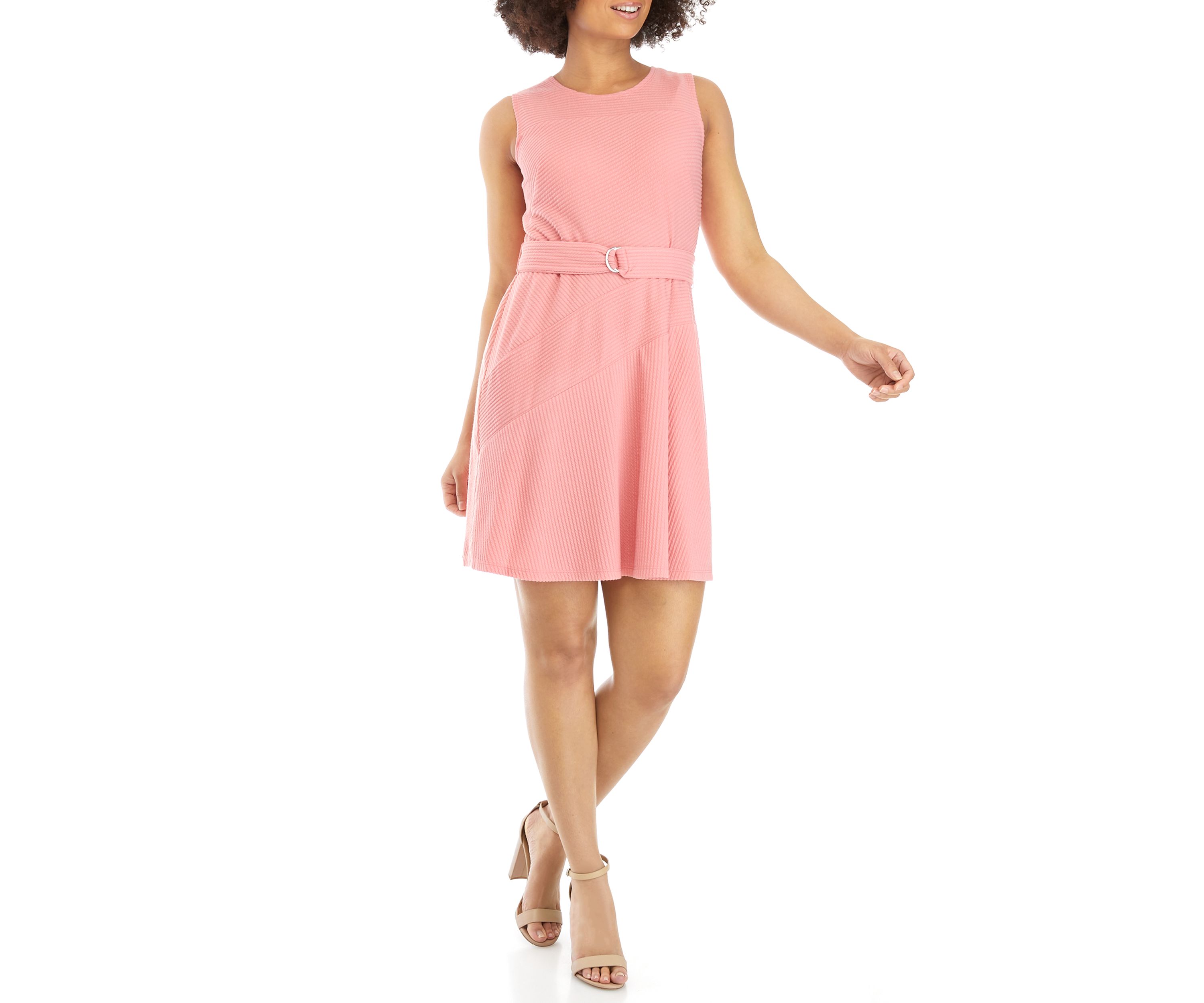 Womens Sleeveless Textured Belted Dress