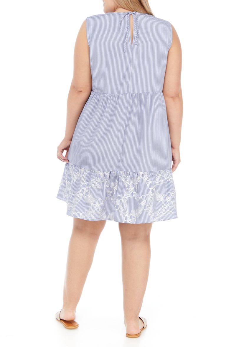 Plus Size Sleeveless Seersucker Stripe Embroidered Hem Dress