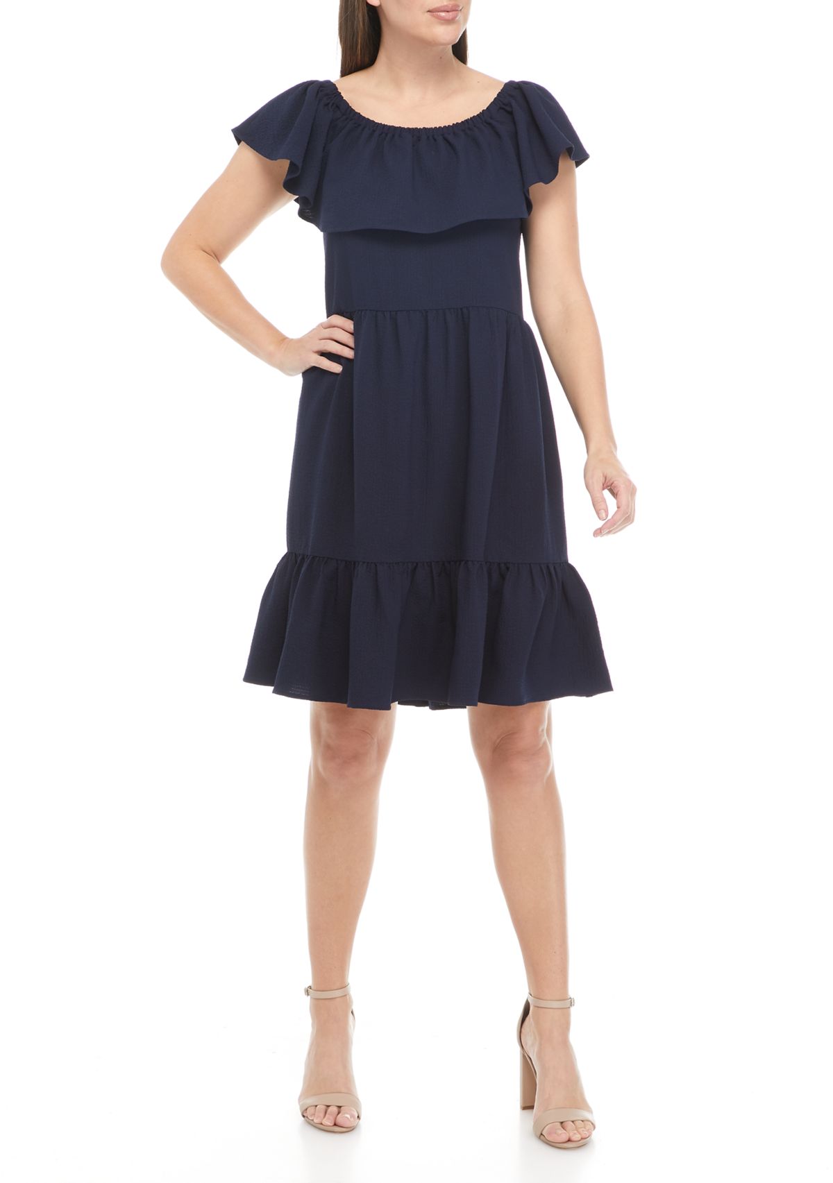 Womens Off the Shoulder Flounce Hem Clip Dot Dress