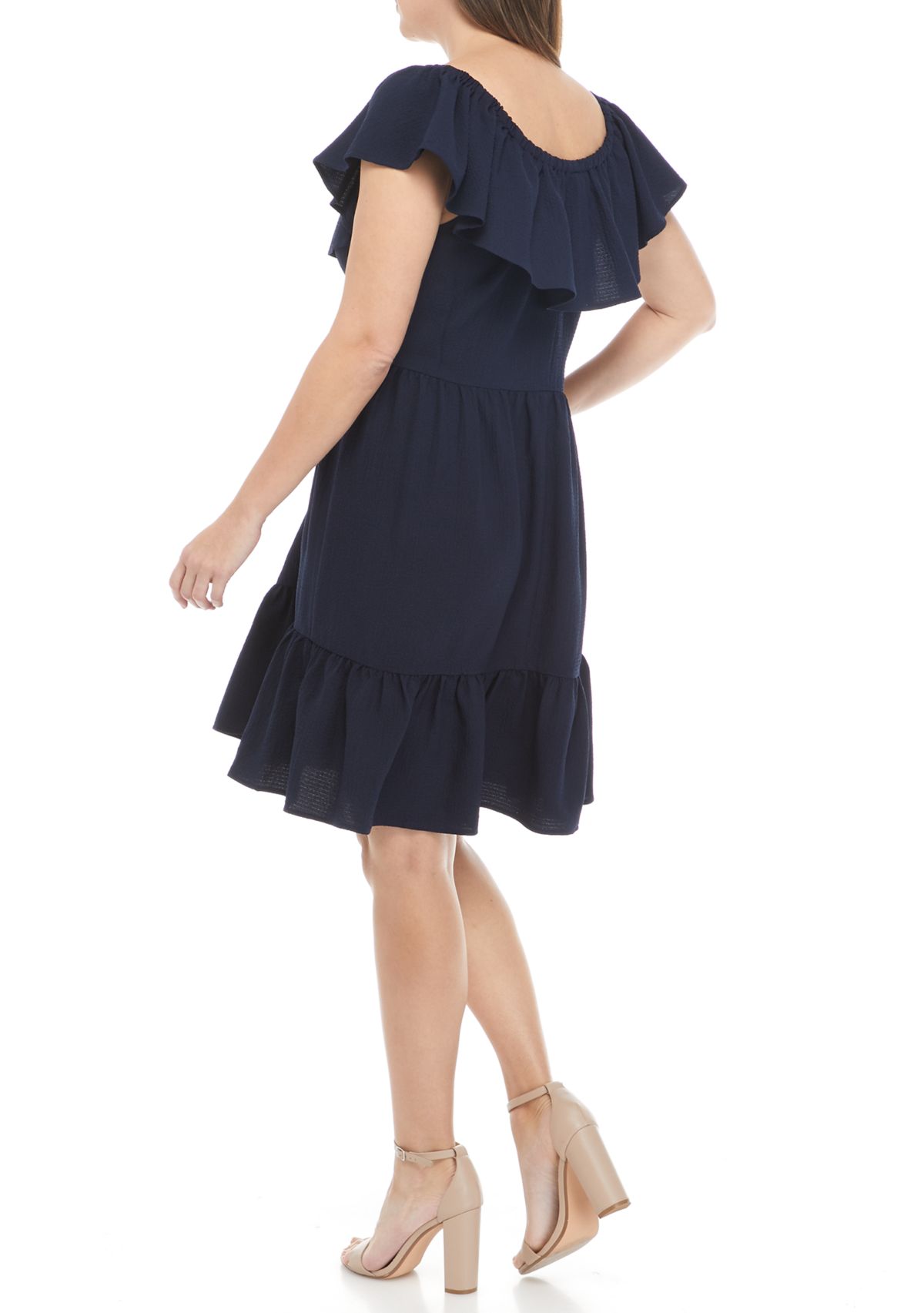 Womens Off the Shoulder Flounce Hem Clip Dot Dress