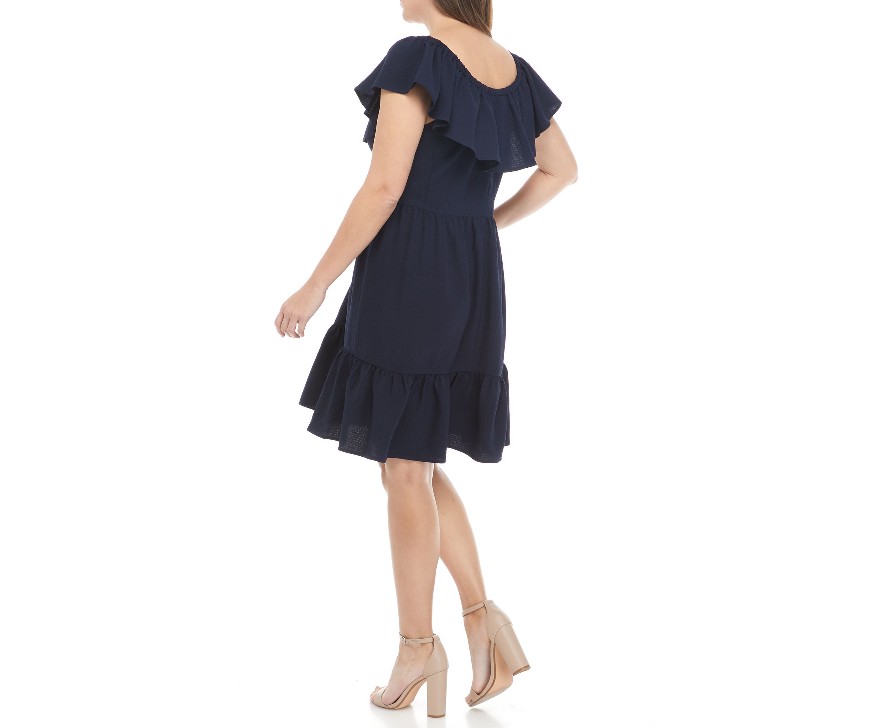 Womens Off the Shoulder Flounce Hem Clip Dot Dress