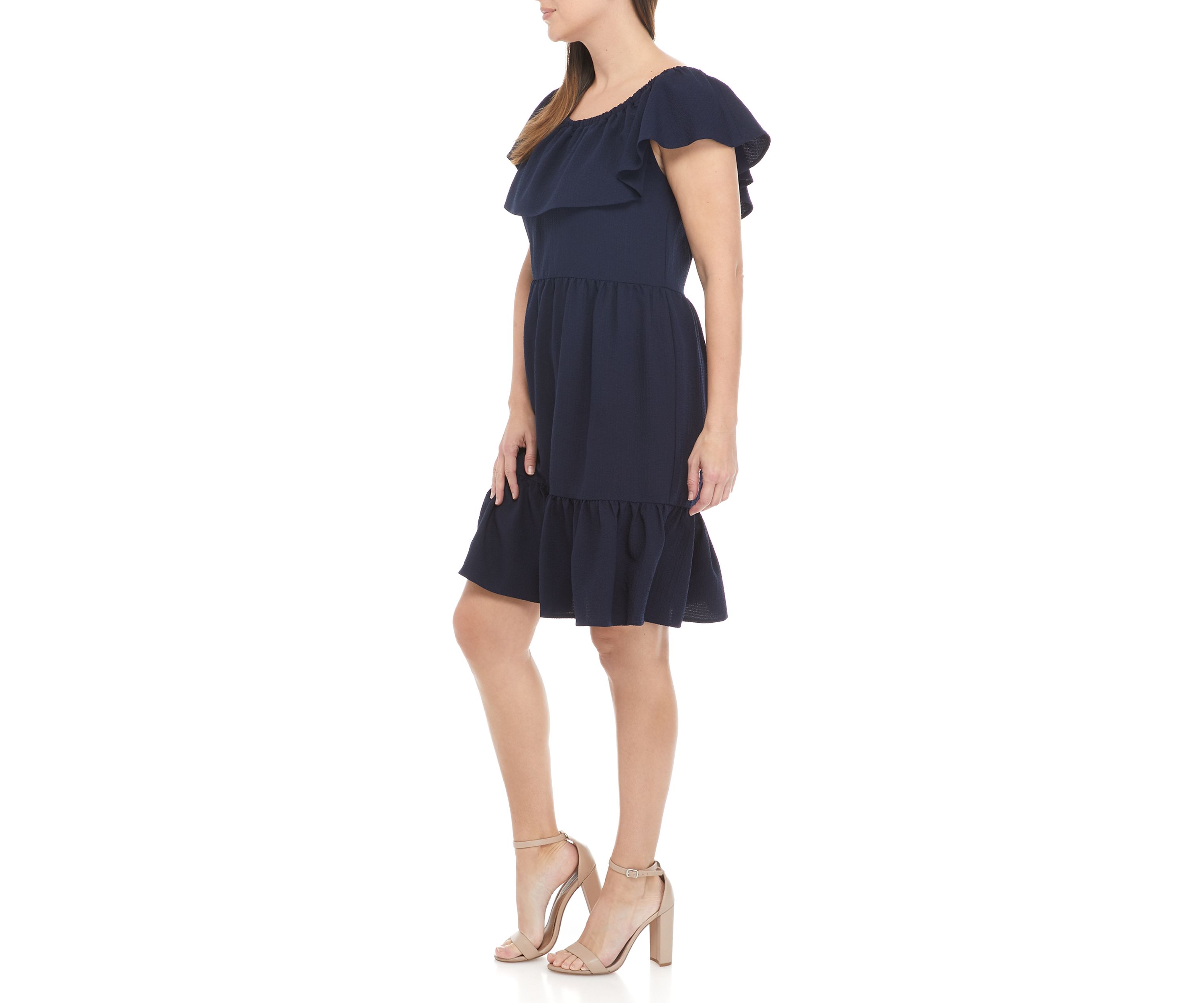 Womens Off the Shoulder Flounce Hem Clip Dot Dress