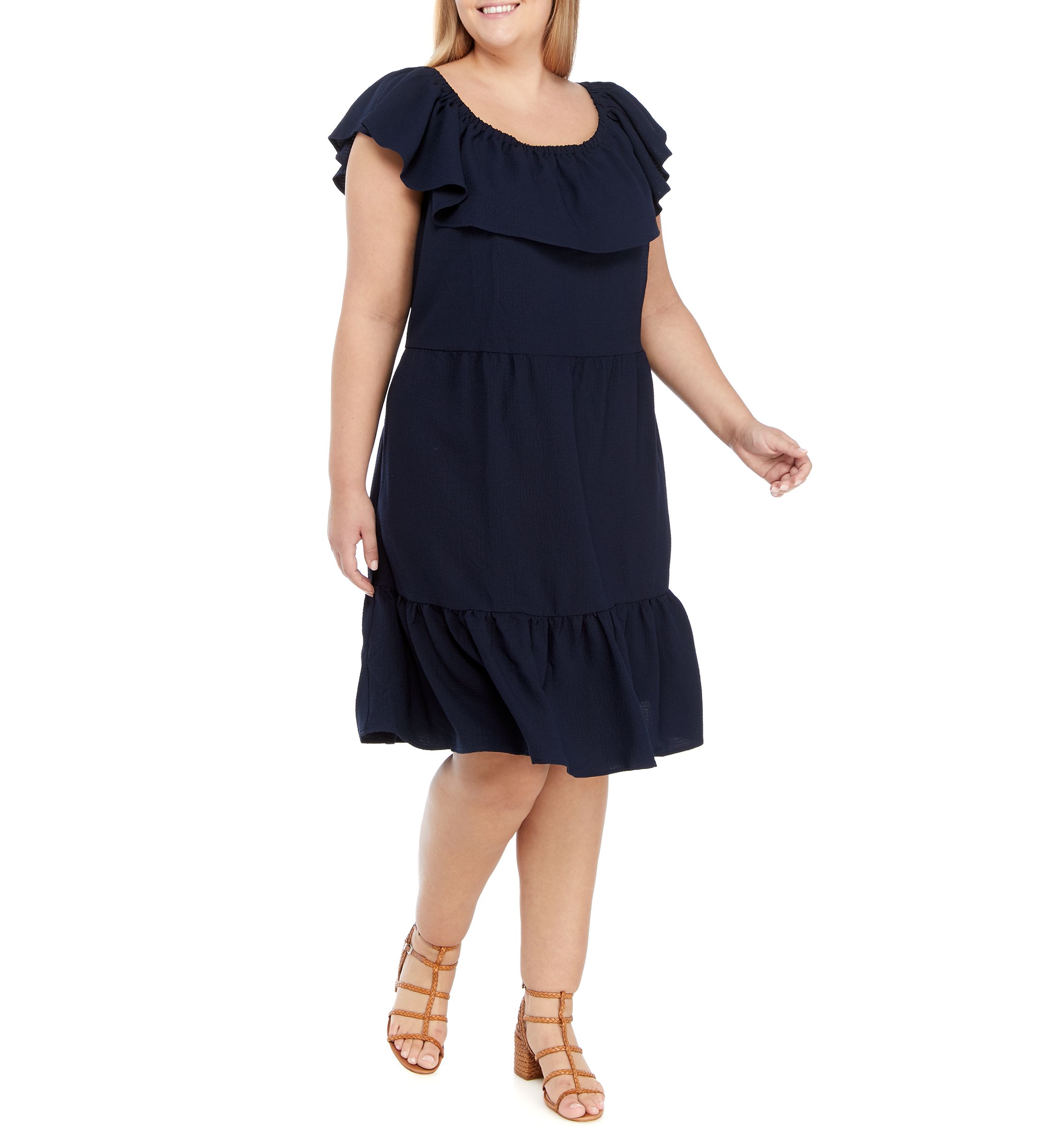 Plus Size Off the Shoulder Flounce Hem Clip Dot Dress