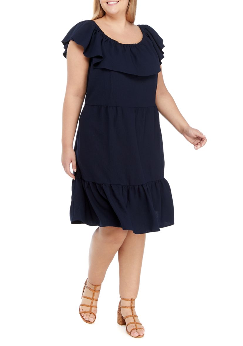 Plus Size Off the Shoulder Flounce Hem Clip Dot Dress