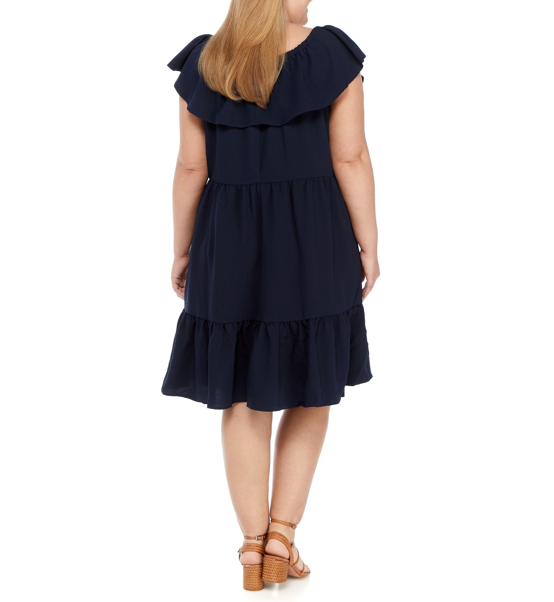 Plus Size Off the Shoulder Flounce Hem Clip Dot Dress