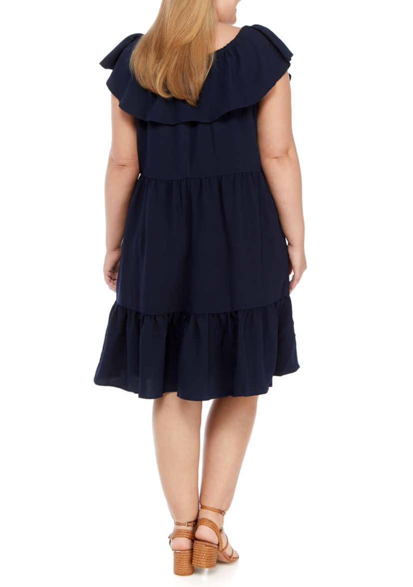 Plus Size Off the Shoulder Flounce Hem Clip Dot Dress