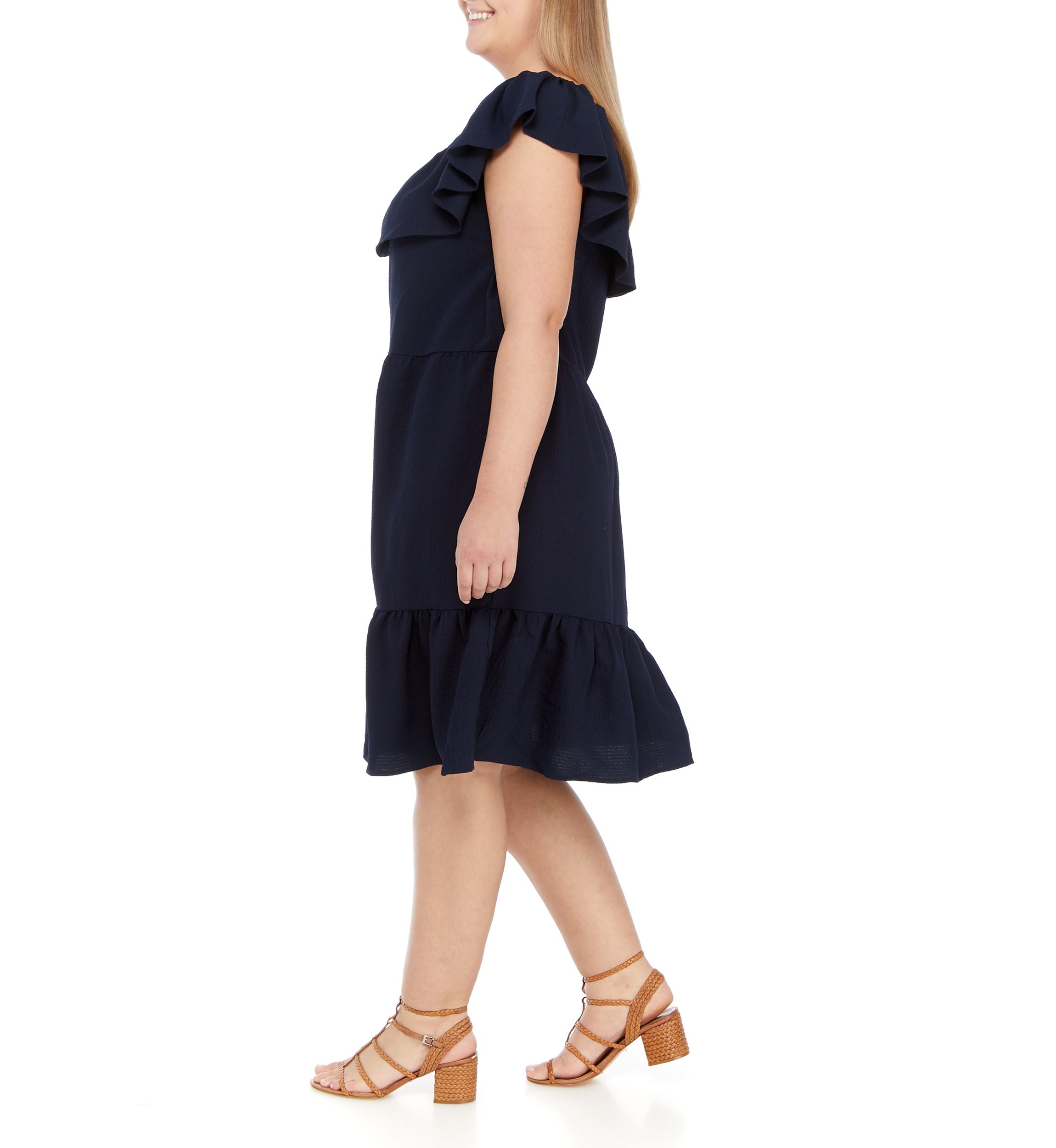 Plus Size Off the Shoulder Flounce Hem Clip Dot Dress
