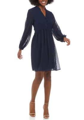 Women's Long Sleeve Clip Dot Babydoll Dress