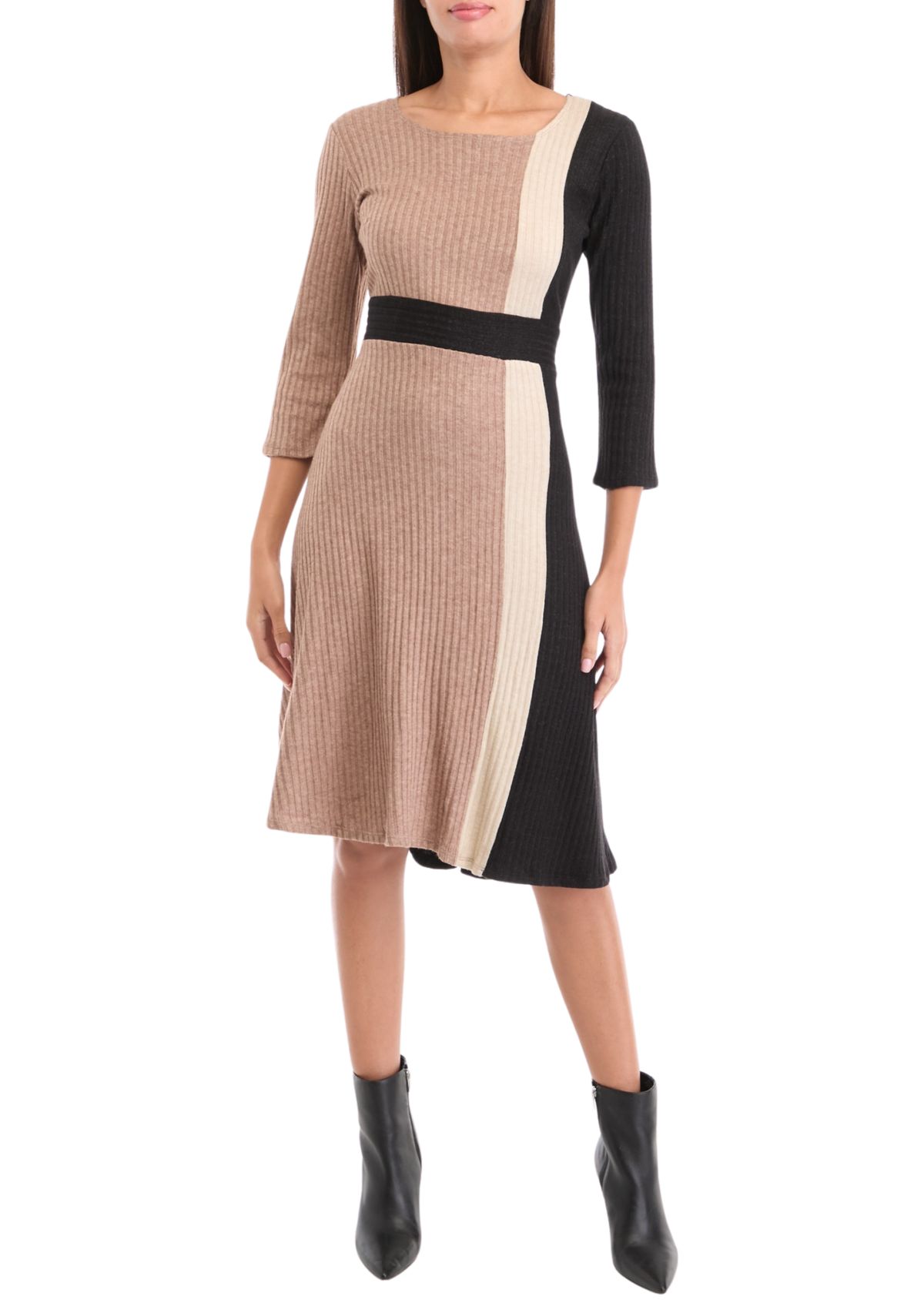 Womens 3/4 Sleeve Color Block A-Line Dress