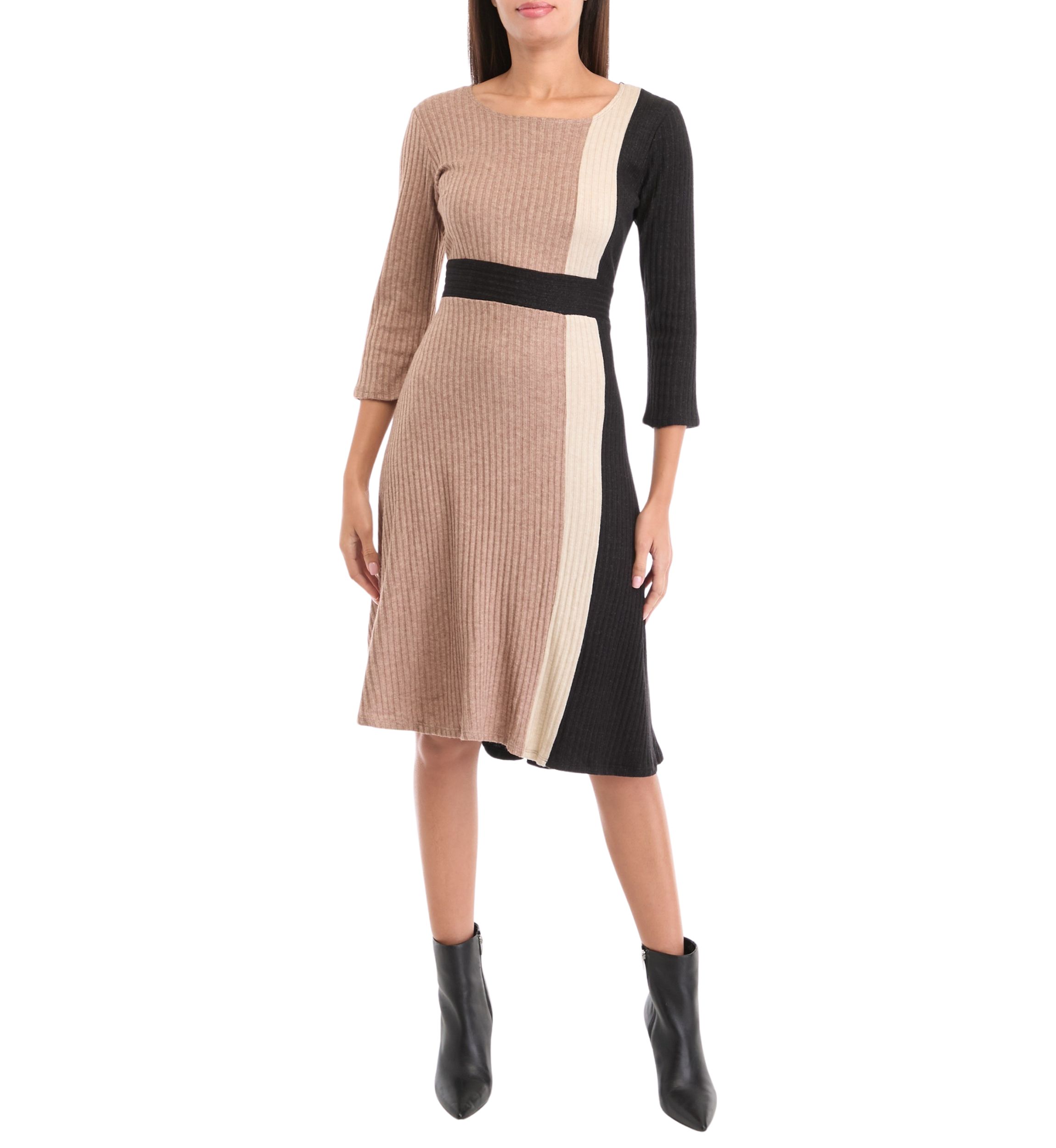 Womens 3/4 Sleeve Color Block A-Line Dress