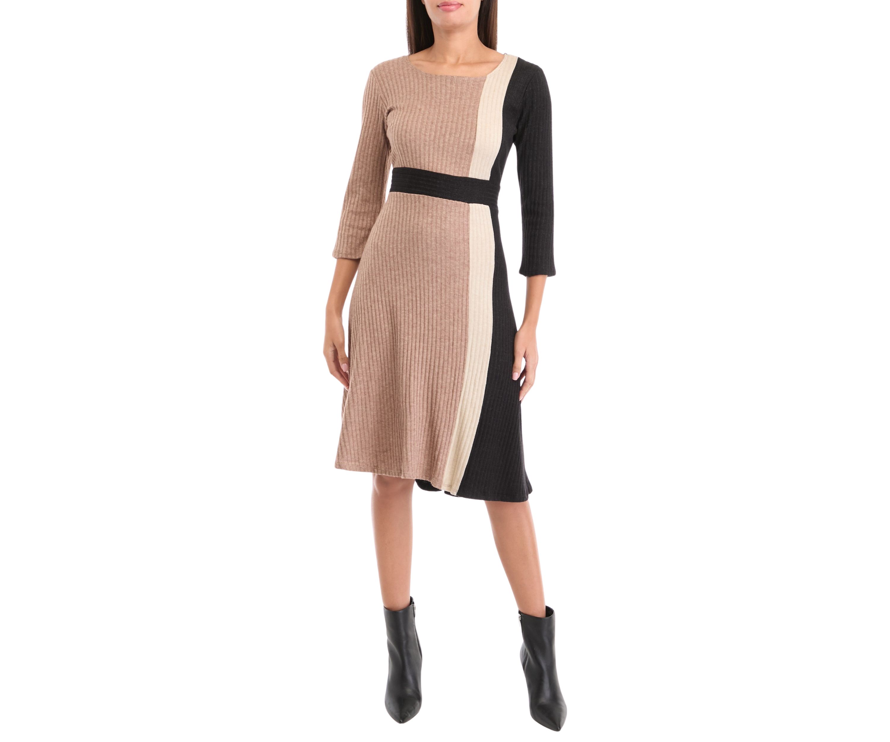 Womens 3/4 Sleeve Color Block A-Line Dress