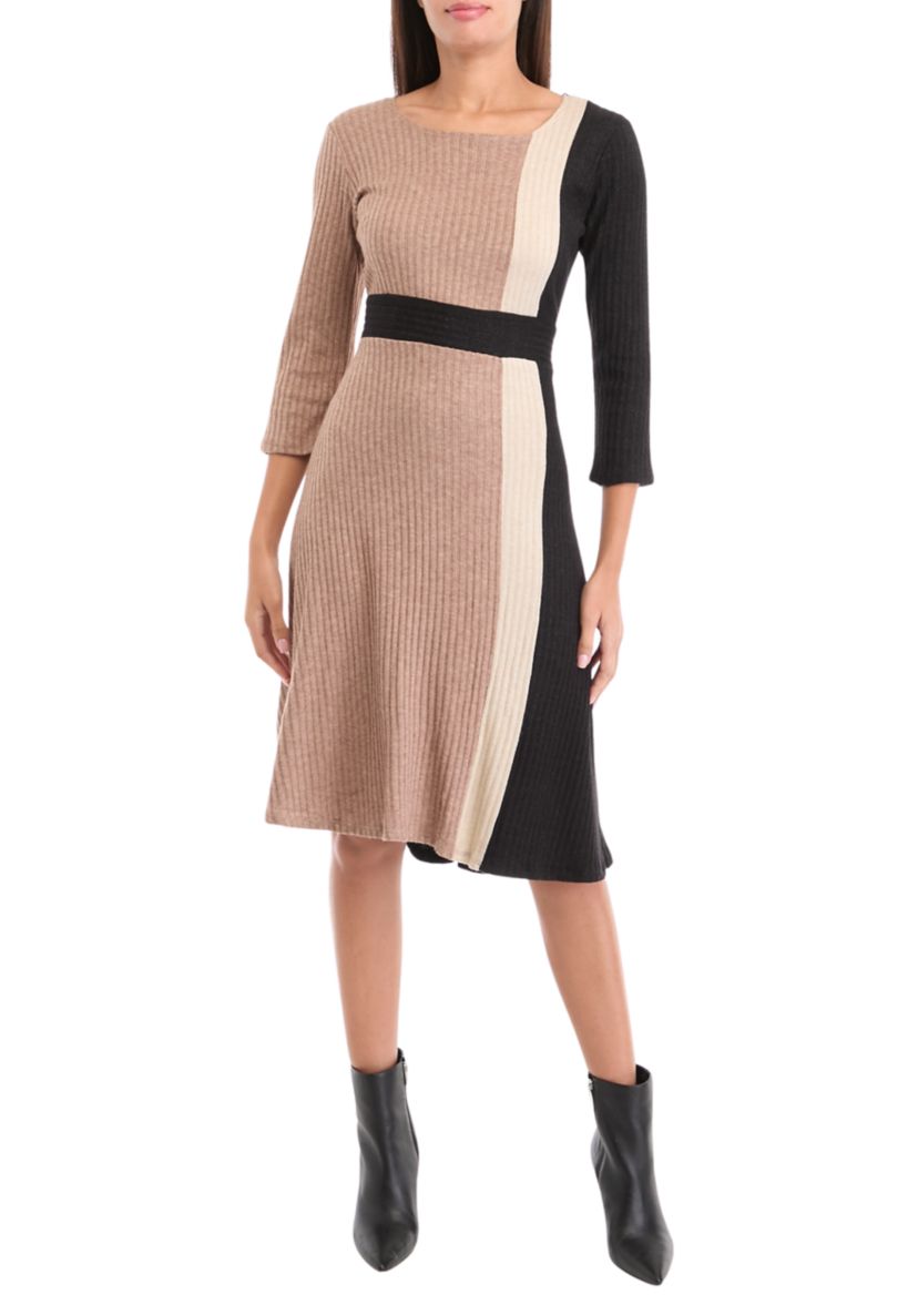 Womens 3/4 Sleeve Color Block A-Line Dress