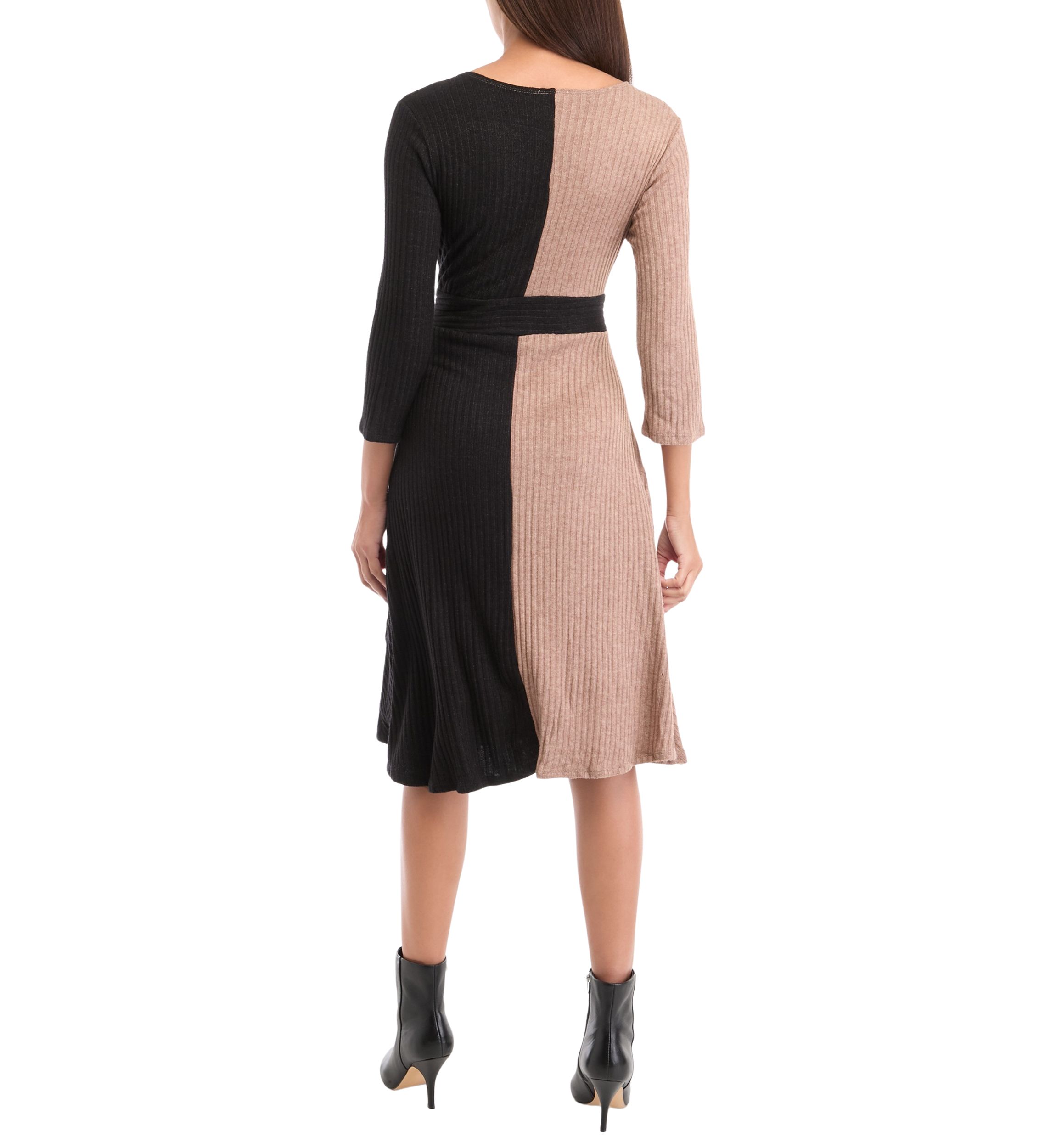 Womens 3/4 Sleeve Color Block A-Line Dress