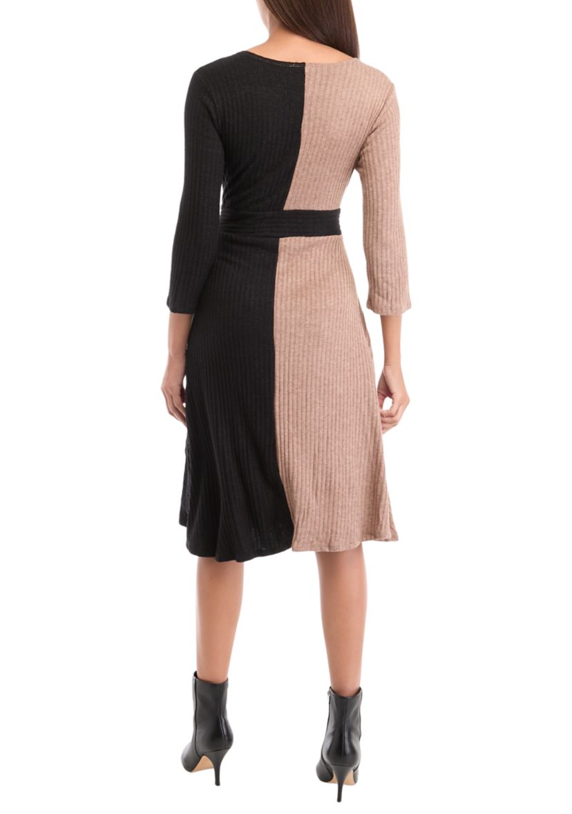 Womens 3/4 Sleeve Color Block A-Line Dress