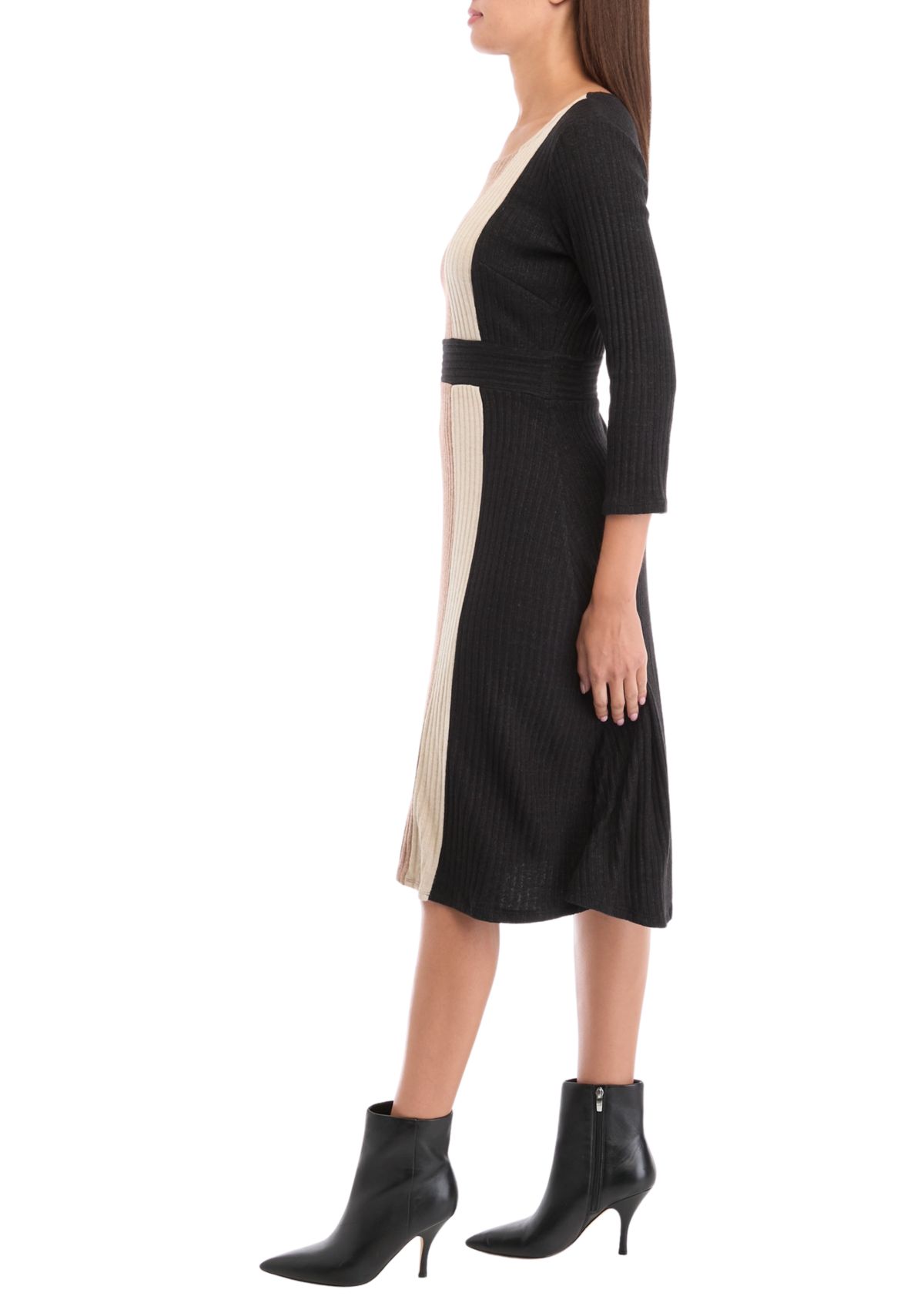 Womens 3/4 Sleeve Color Block A-Line Dress