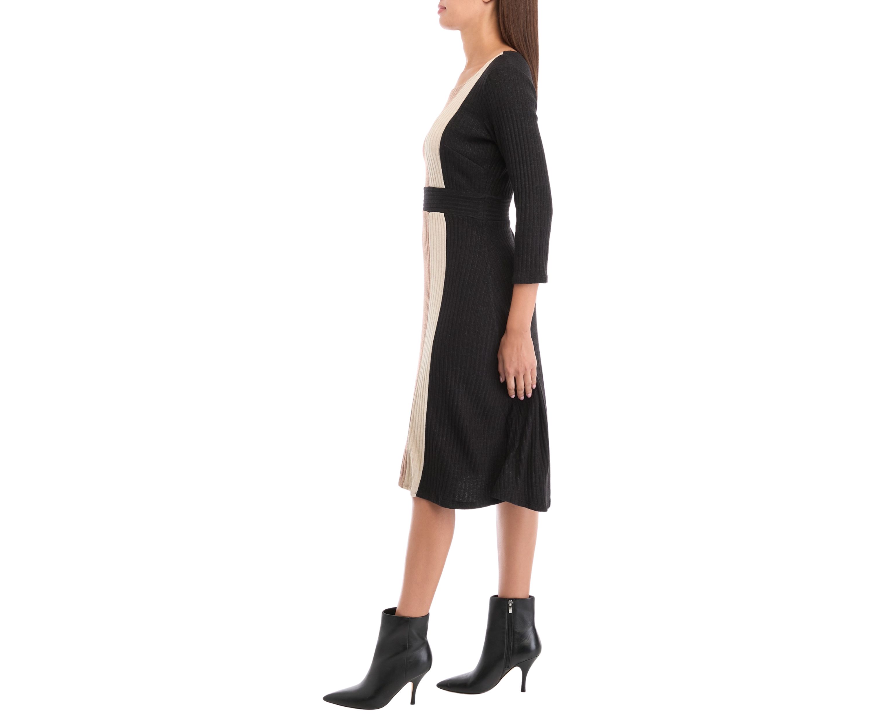 Womens 3/4 Sleeve Color Block A-Line Dress