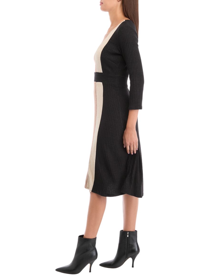 Womens 3/4 Sleeve Color Block A-Line Dress