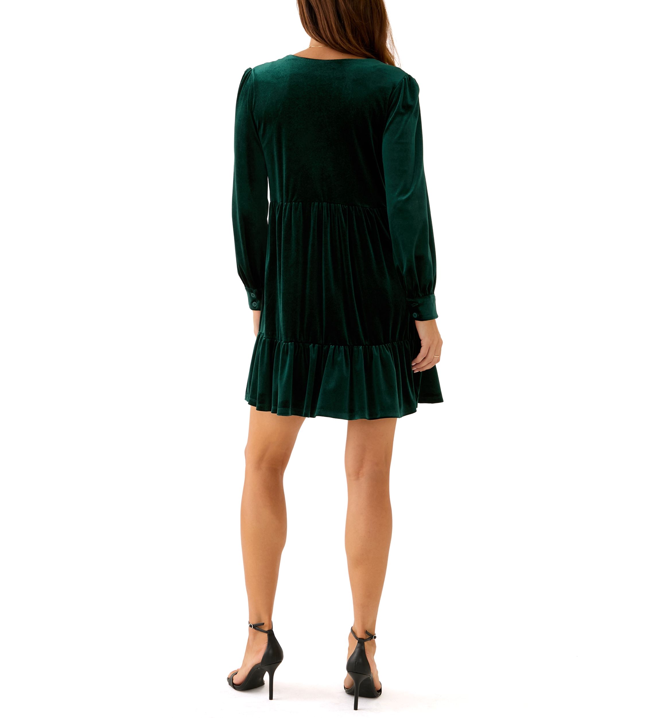 Womens Long Sleeve V-Neck Solid Fit and Flare Dress