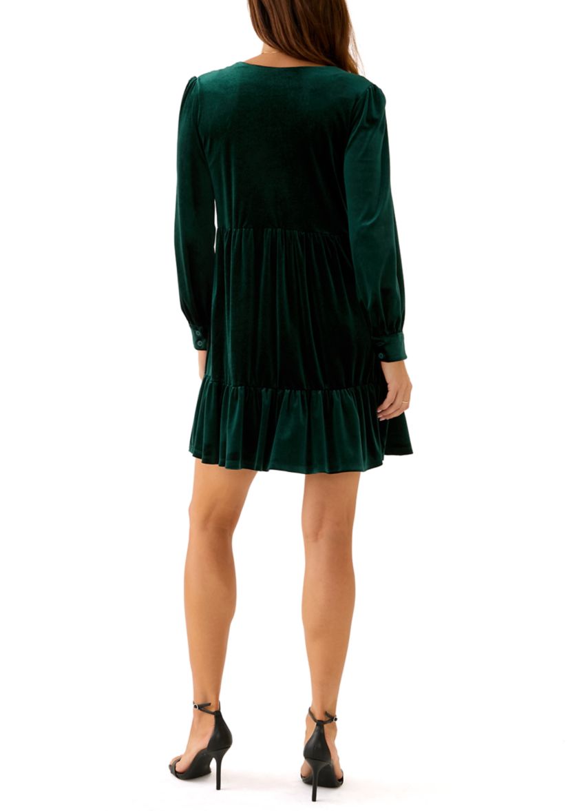 Womens Long Sleeve V-Neck Solid Fit and Flare Dress