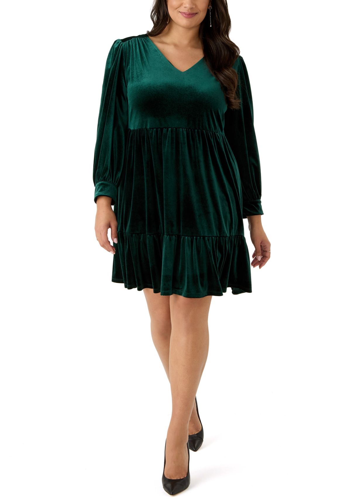 Plus Size Long Sleeve V-Neck Velvet A-Line Dress