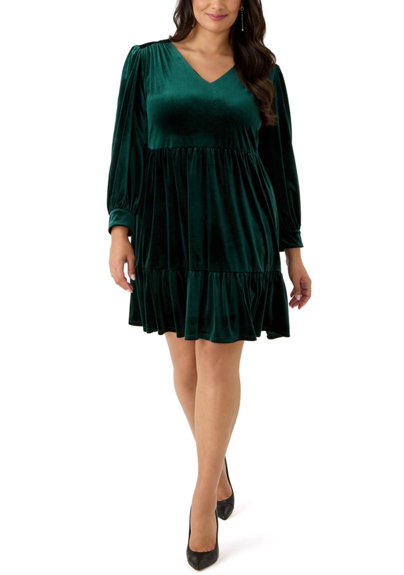 Plus Size Long Sleeve V-Neck Velvet A-Line Dress