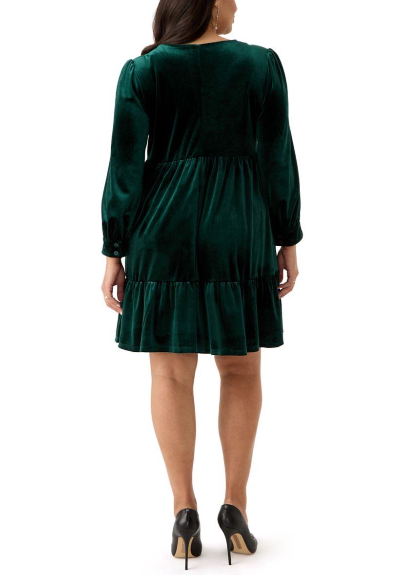 Plus Size Long Sleeve V-Neck Velvet A-Line Dress