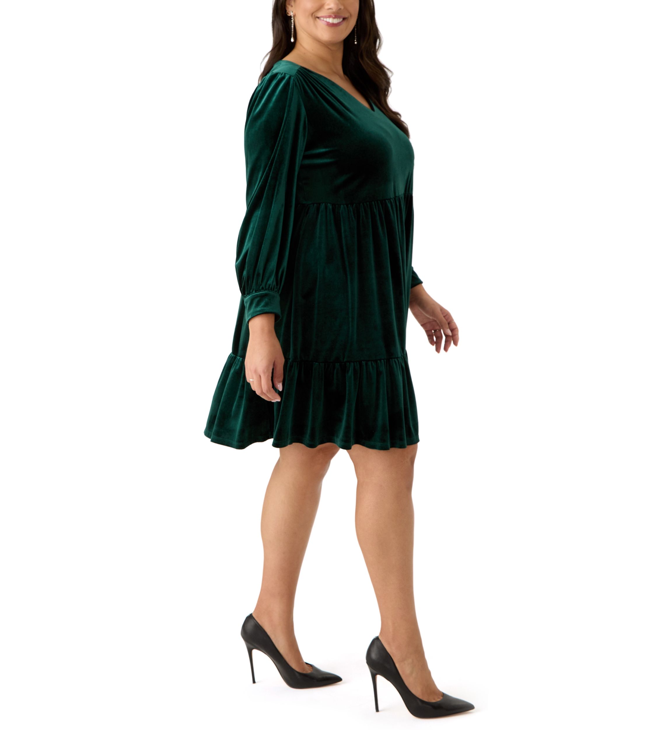 Plus Size Long Sleeve V-Neck Velvet A-Line Dress