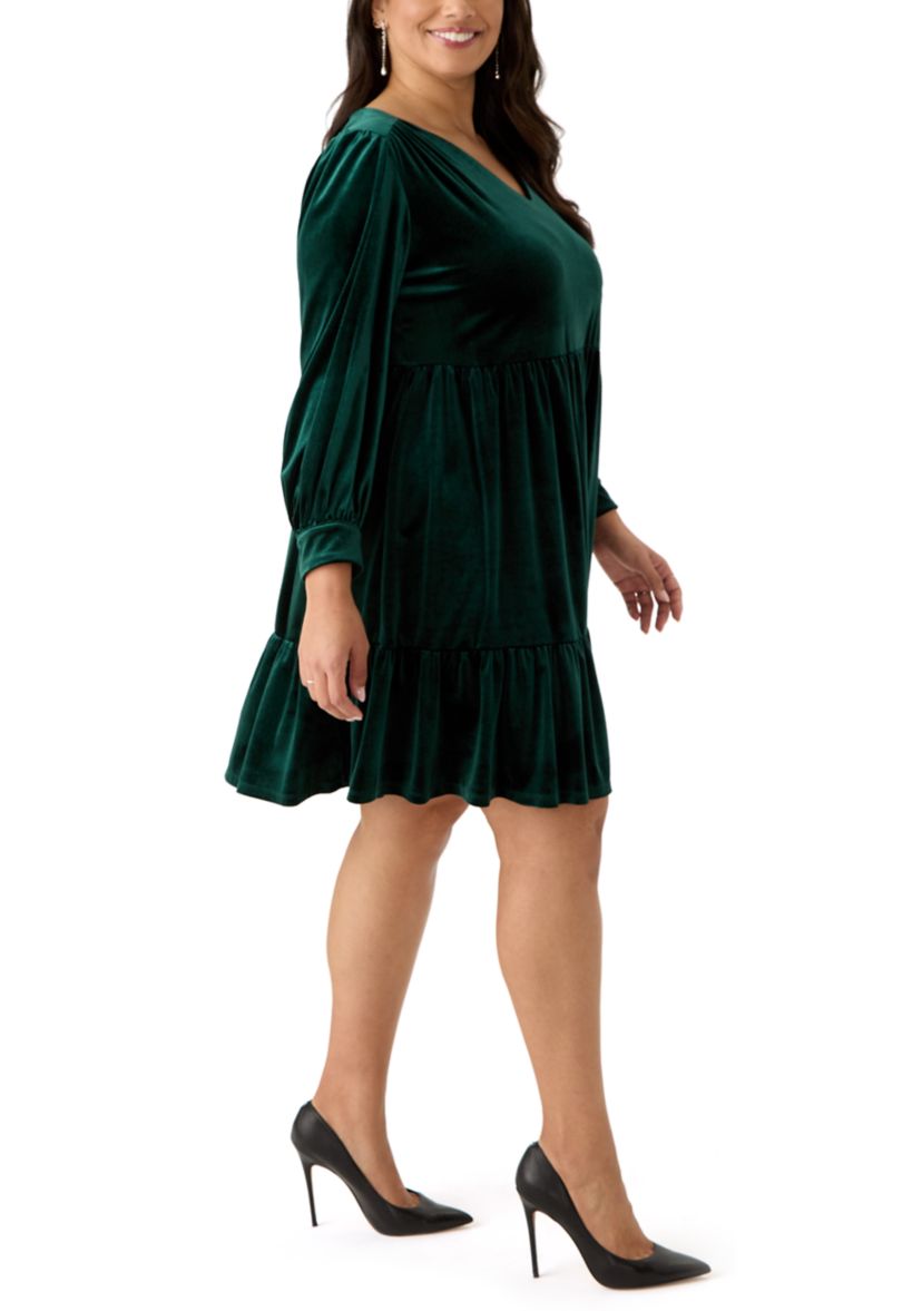 Plus Size Long Sleeve V-Neck Velvet A-Line Dress