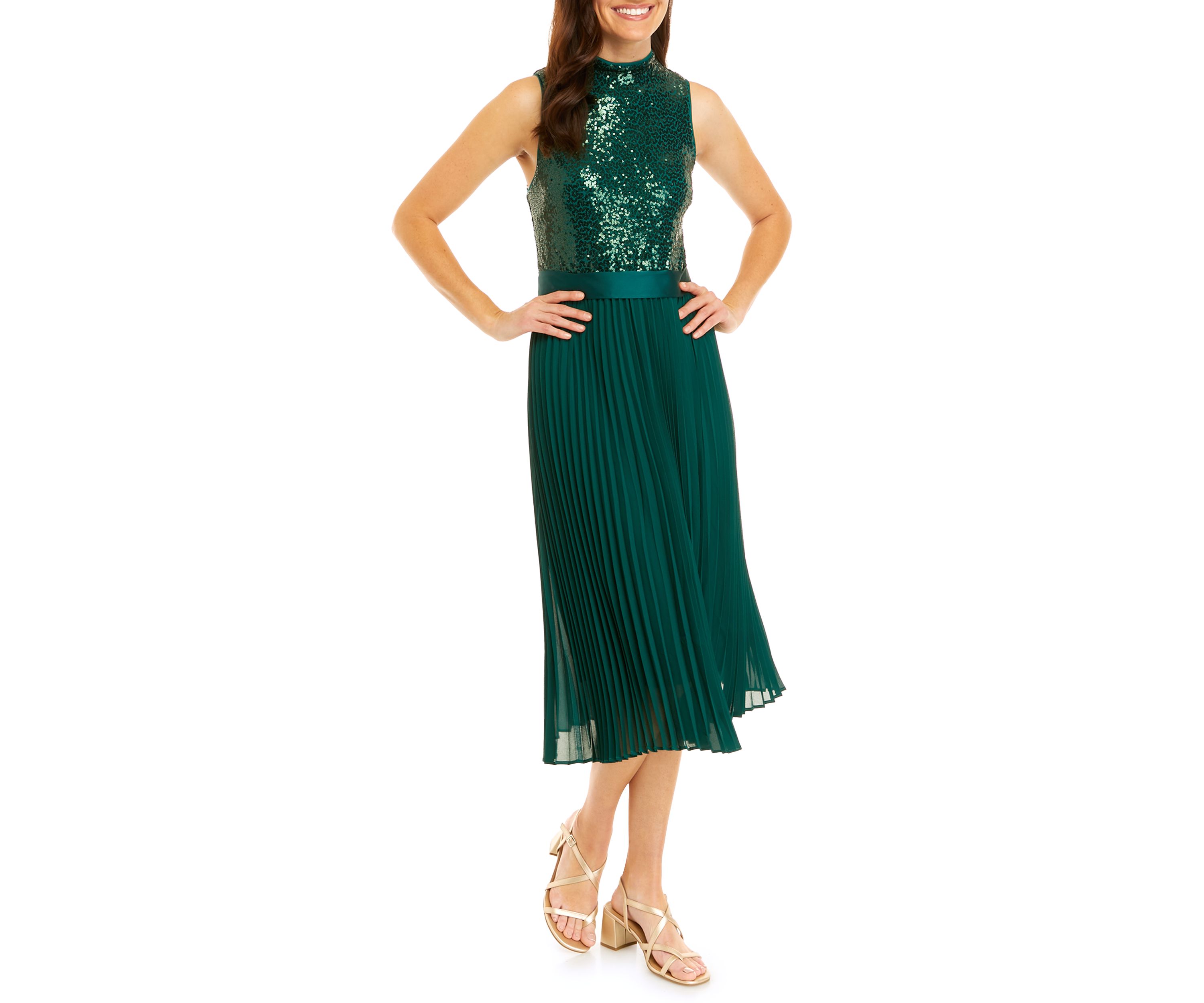 Womens Sleeveless Mock Neck Sequin 2Fer Midi Dress 