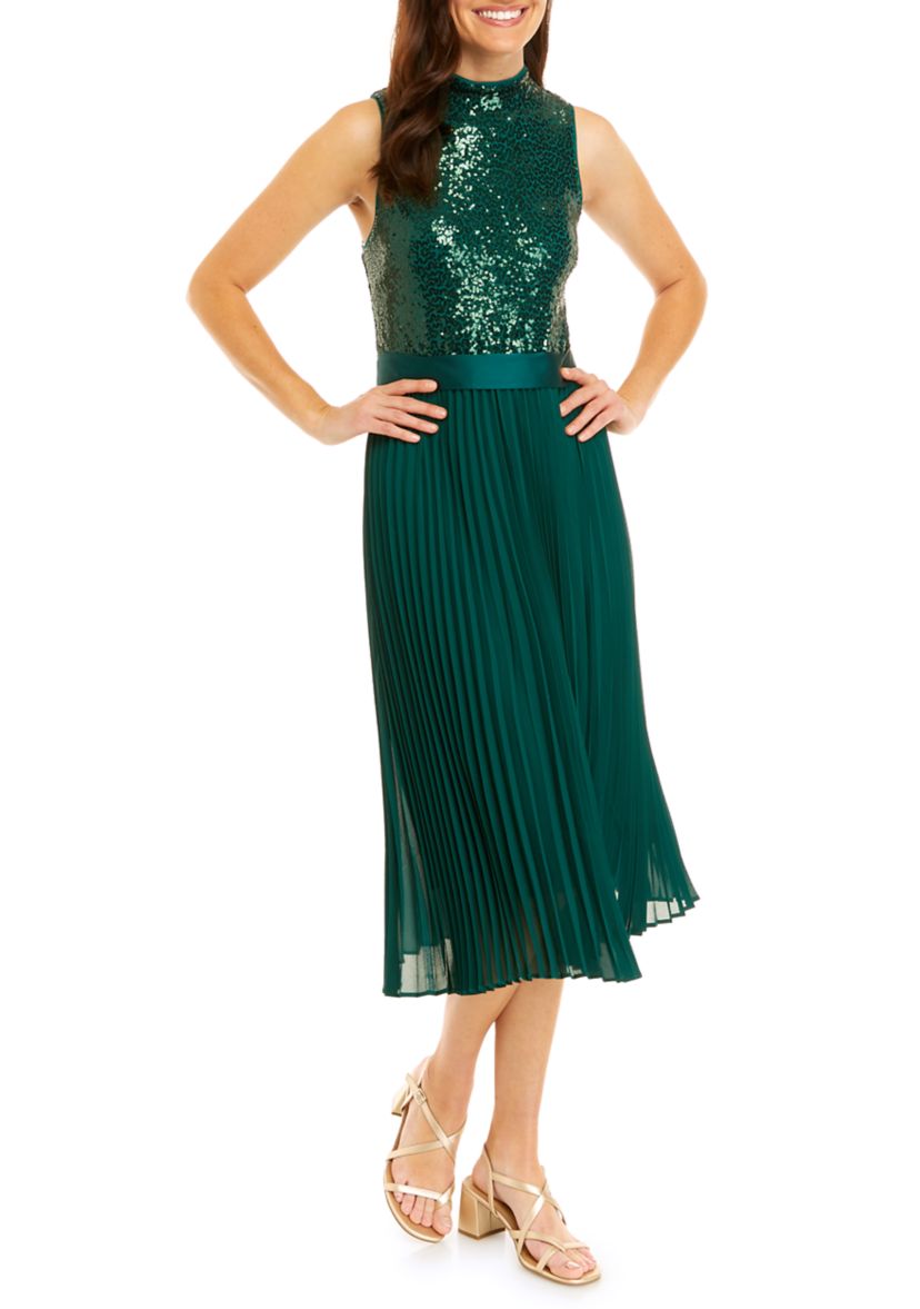 Womens Sleeveless Mock Neck Sequin 2Fer Midi Dress 