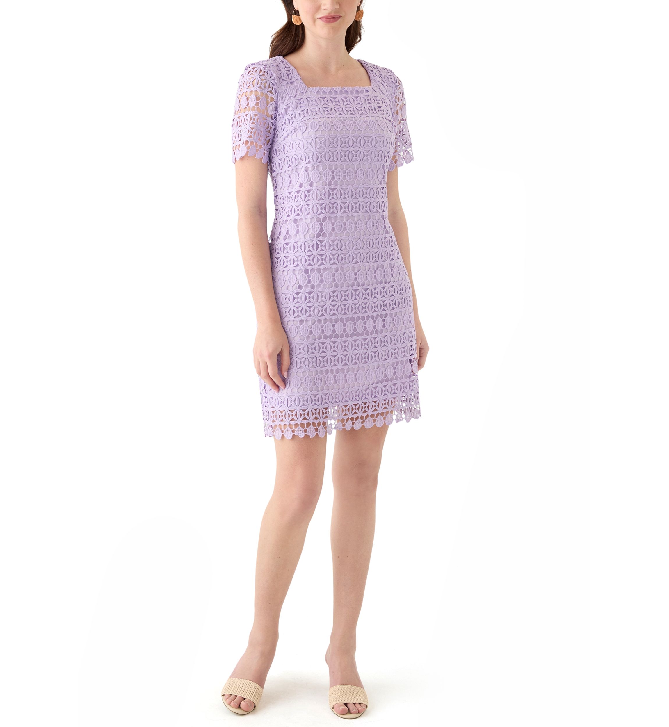 Womens Square Neck Sheath Eyelet Lace Dress