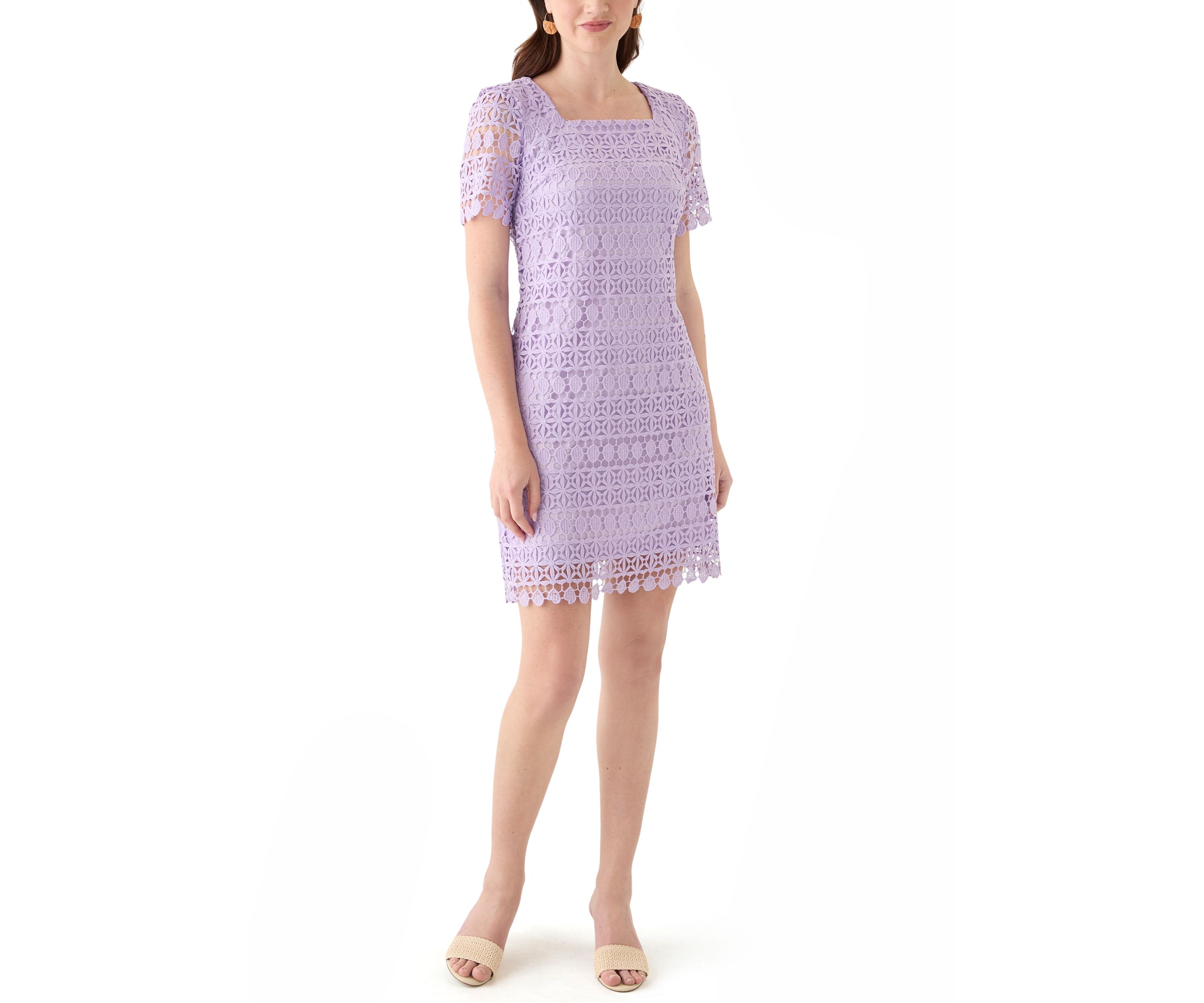 Womens Square Neck Sheath Eyelet Lace Dress