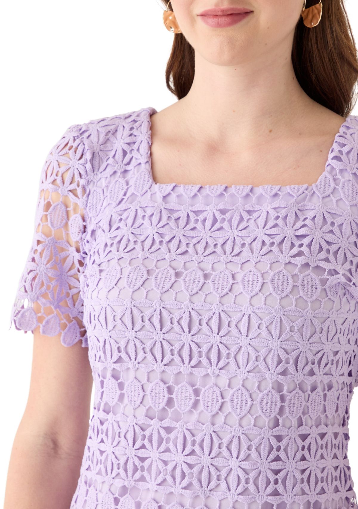 Womens Square Neck Sheath Eyelet Lace Dress