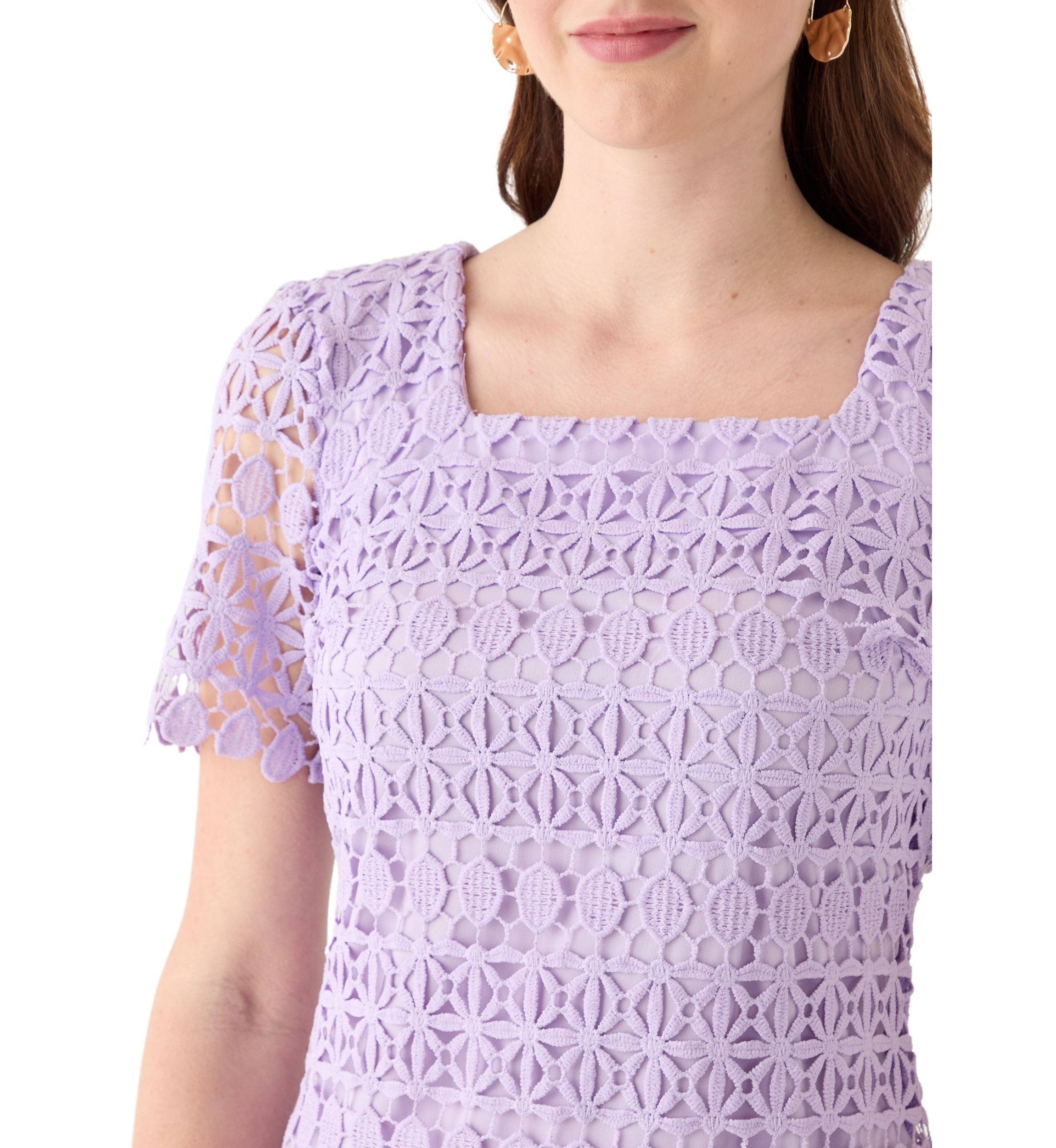 Womens Square Neck Sheath Eyelet Lace Dress