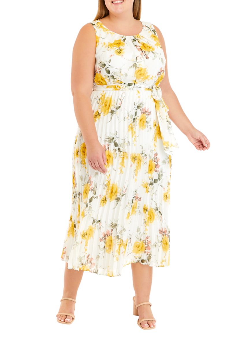 Plus Size Sleeveless Floral Print Chiffon Pleated Midi Dress