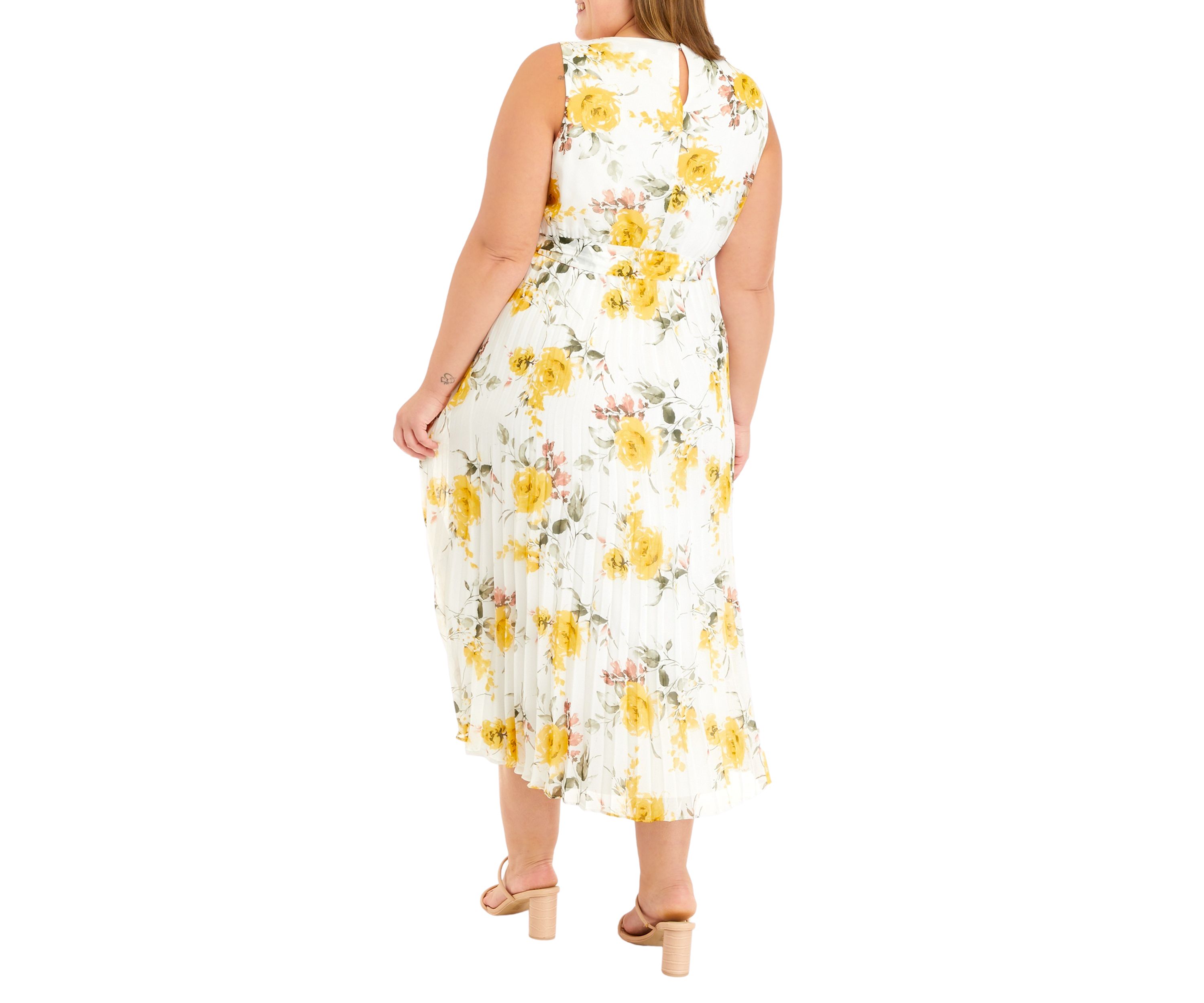Plus Size Sleeveless Floral Print Chiffon Pleated Midi Dress