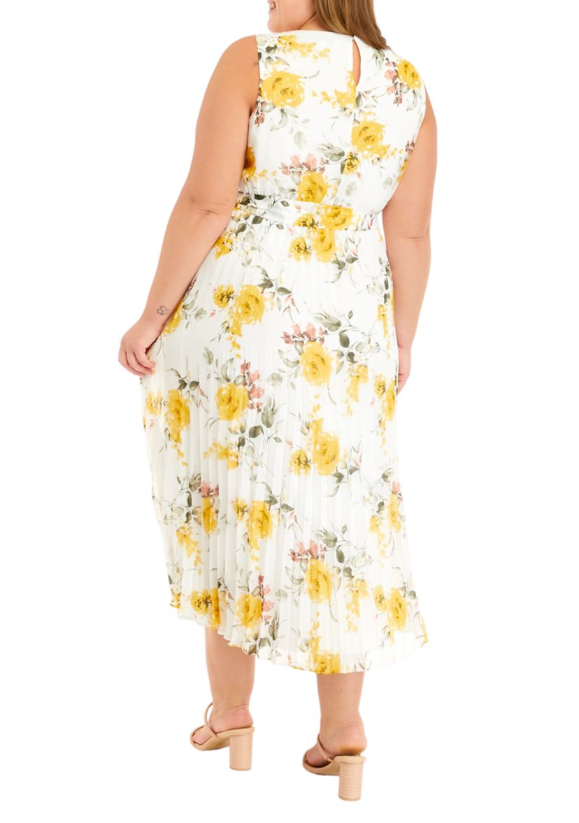 Plus Size Sleeveless Floral Print Chiffon Pleated Midi Dress