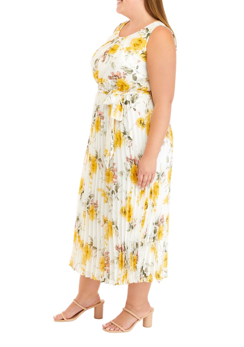 Plus Size Sleeveless Floral Print Chiffon Pleated Midi Dress