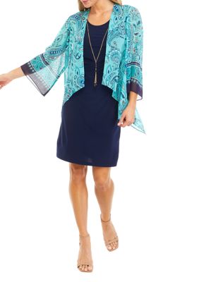 Women's Printed Chiffon Jacket Dress with Necklace