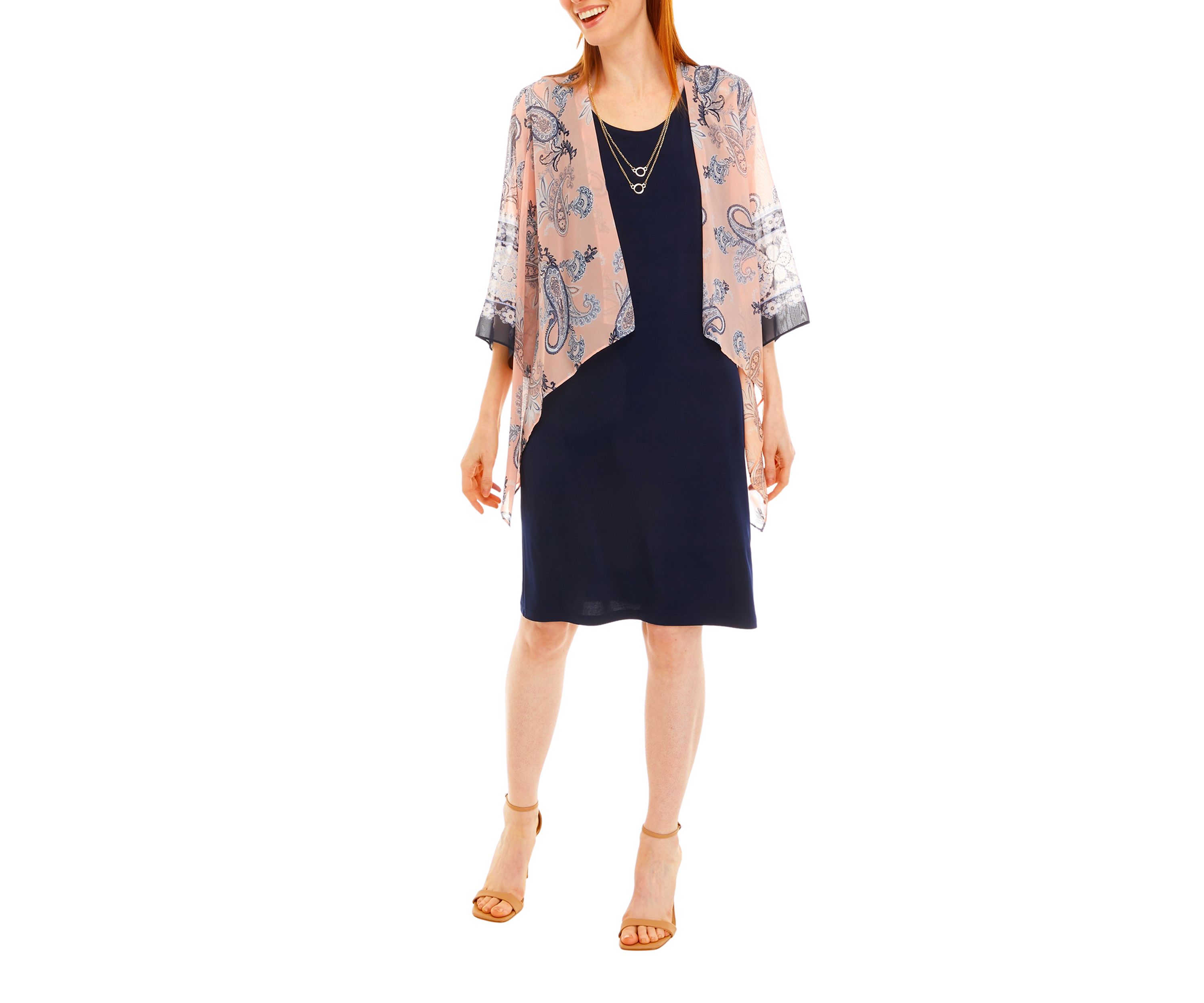 Womens 3/4 Sleeve Paisley Chiffon Jacket and Sheath Dress Set