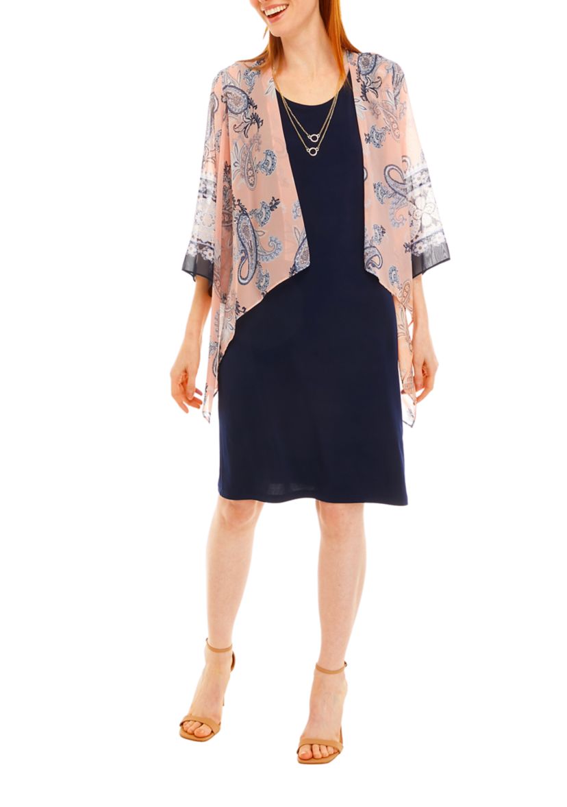 Womens 3/4 Sleeve Paisley Chiffon Jacket and Sheath Dress Set