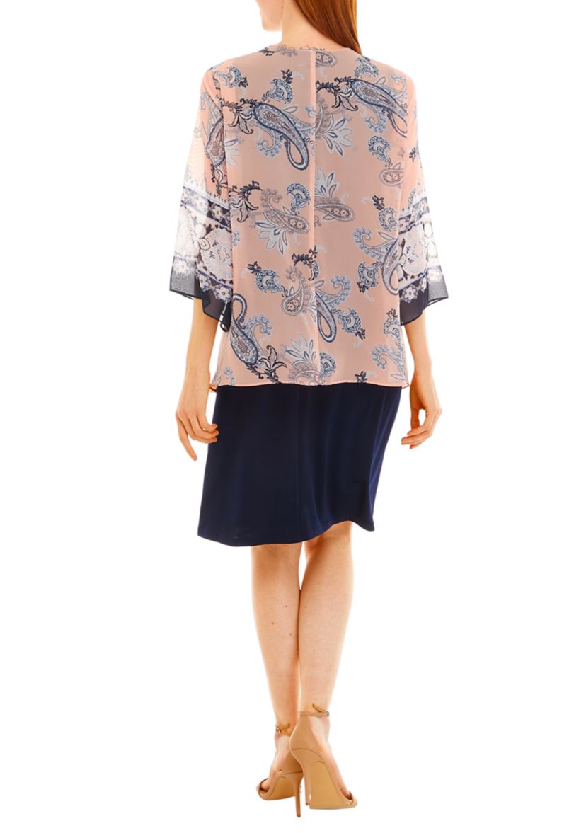 Womens 3/4 Sleeve Paisley Chiffon Jacket and Sheath Dress Set