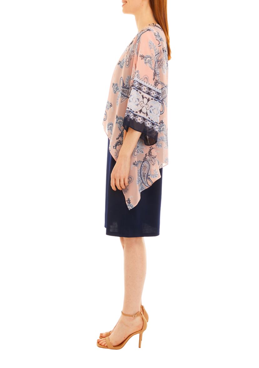 Womens 3/4 Sleeve Paisley Chiffon Jacket and Sheath Dress Set