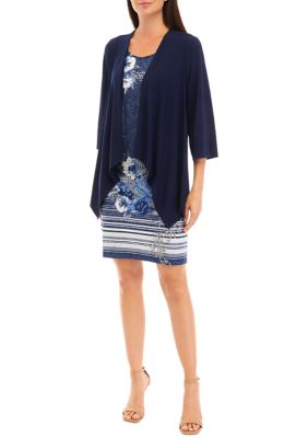 Women's 3/4 Sleeve Solid Jacket and Denim Printed Sheath Dress Set