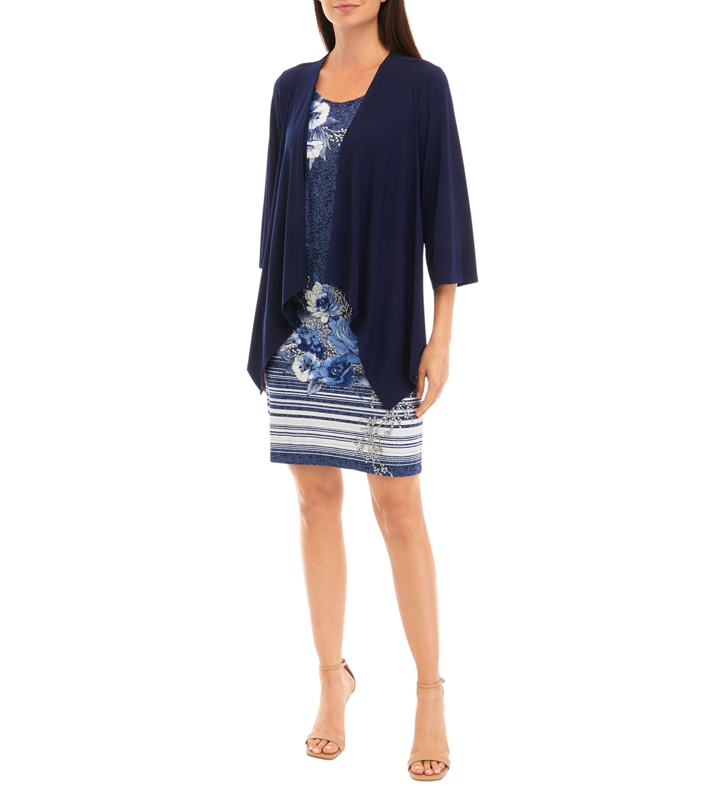 Womens 3/4 Sleeve Solid Jacket and Denim Printed Sheath Dress Set