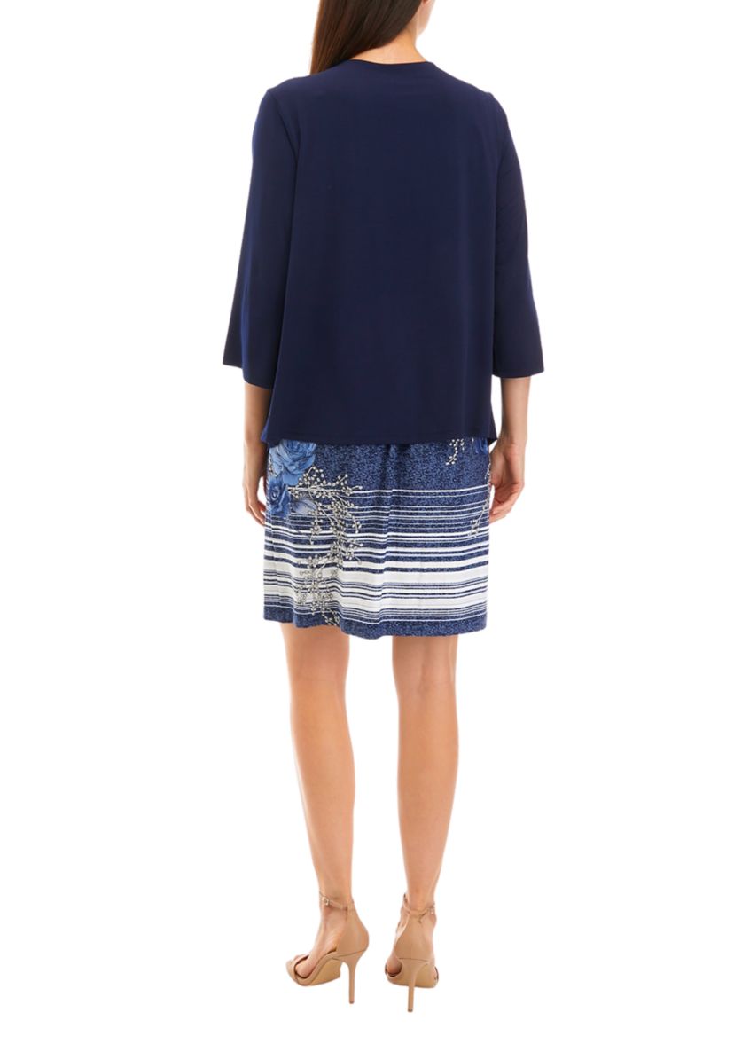 Womens 3/4 Sleeve Solid Jacket and Denim Printed Sheath Dress Set