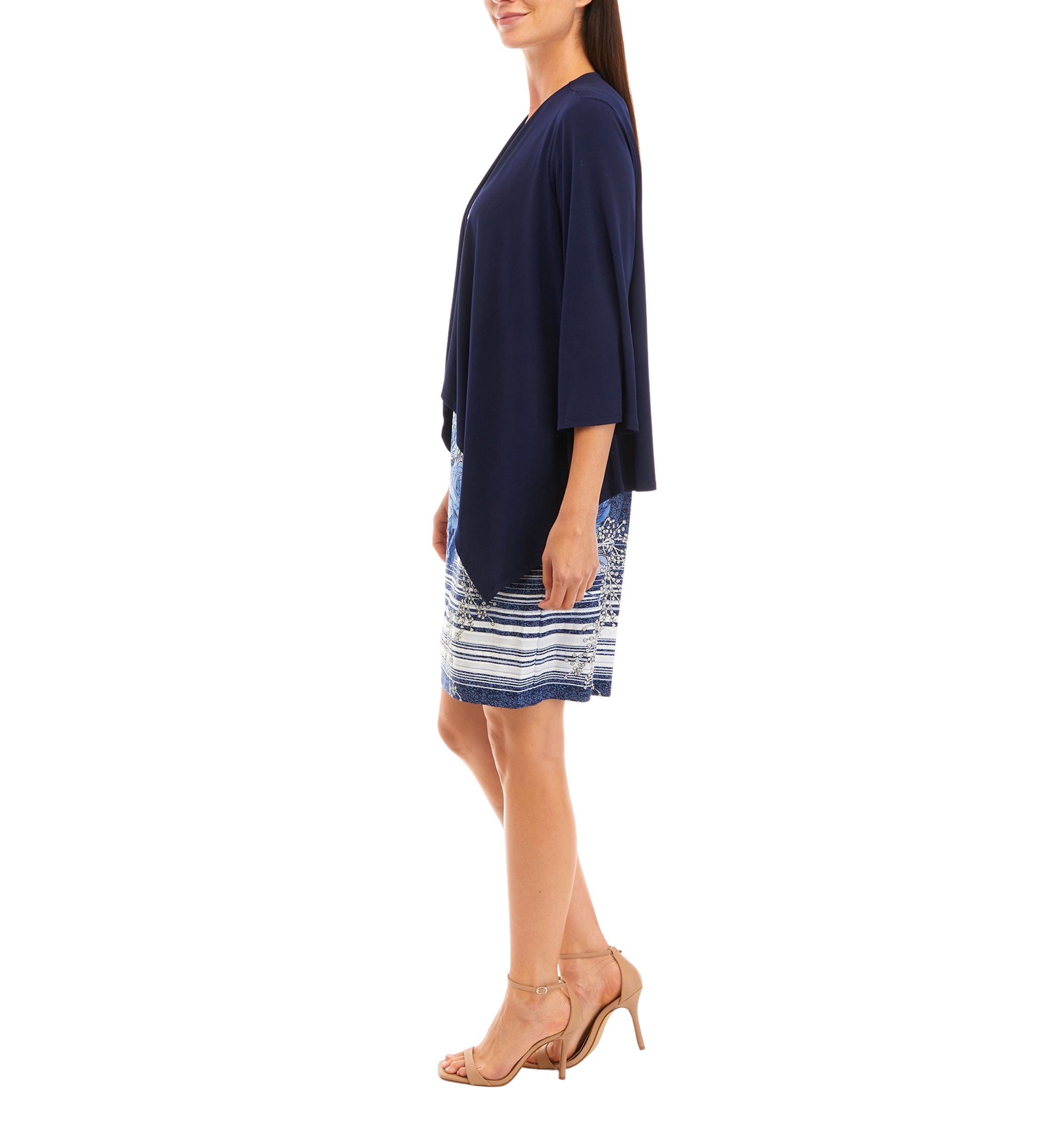 Womens 3/4 Sleeve Solid Jacket and Denim Printed Sheath Dress Set
